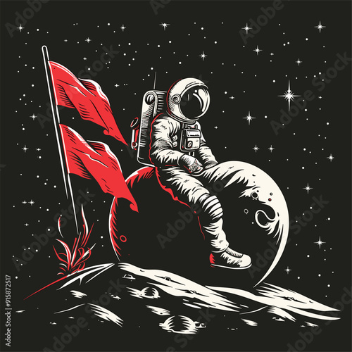 Astronaut sitting on a heart-shaped planet, holding a red flag, gazing into space.
