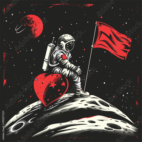 Astronaut sitting on a heart-shaped planet, holding a red flag, gazing into space.
