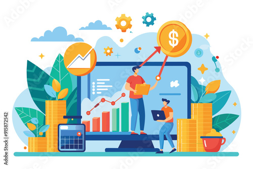 Two individuals engage with data on a computer, illustrating the upward trend in online investment growth, surrounded by visual graphs and financial symbols