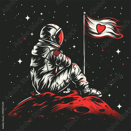 Astronaut sitting on a heart-shaped planet, holding a red flag, gazing into space.
