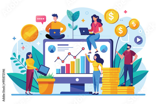 People analyze growth trends in online investment using digital tools and charts while focusing on collaborative discussion and strategy development