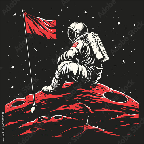 Astronaut sitting on a heart-shaped planet, holding a red flag, gazing into space.
