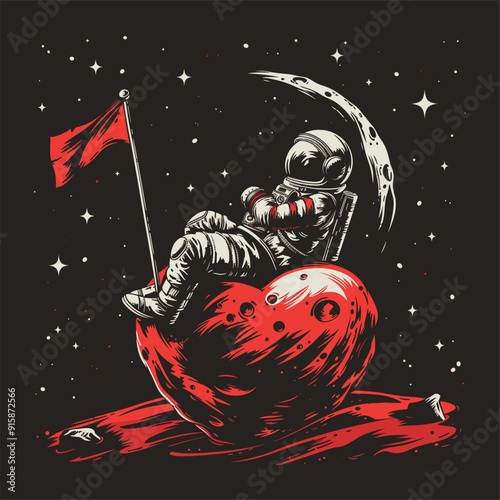 Astronaut sitting on a heart-shaped planet, holding a red flag, gazing into space.
