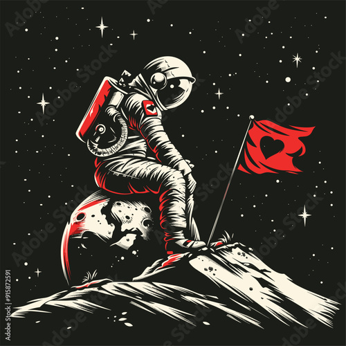 Astronaut sitting on a heart-shaped planet, holding a red flag, gazing into space.
