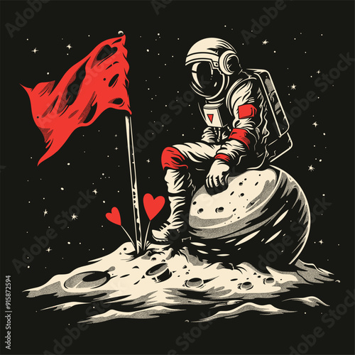 Astronaut sitting on a heart-shaped planet, holding a red flag, gazing into space.
