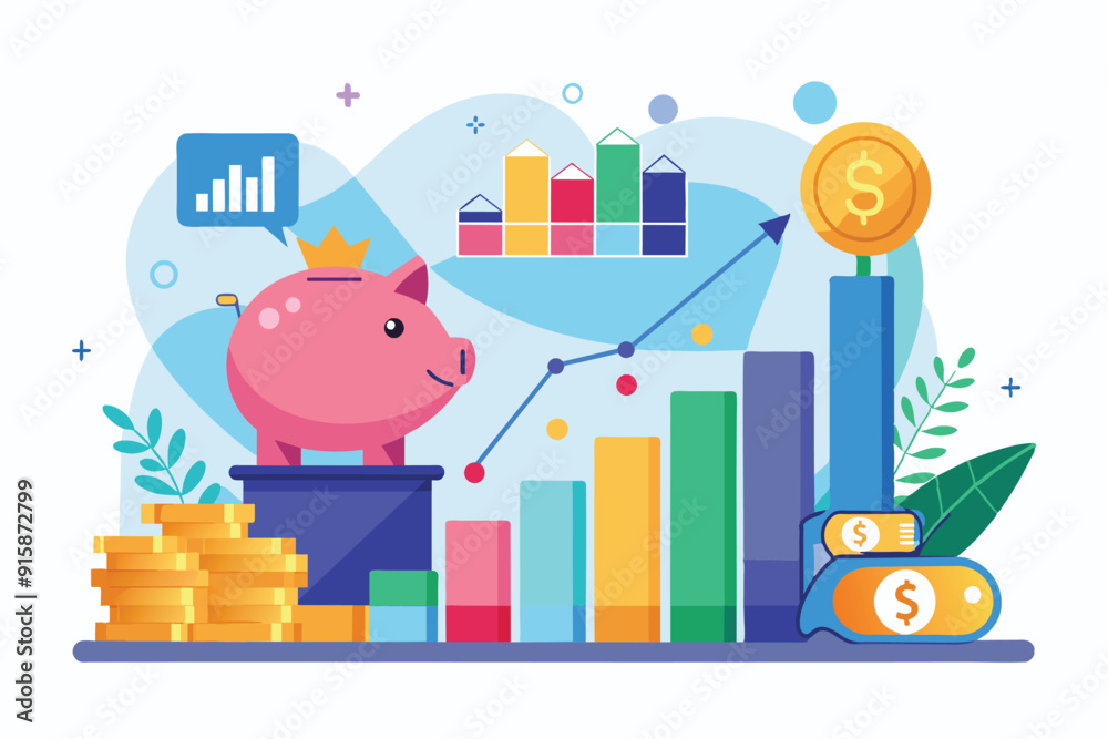 Fototapeta premium A vibrant depiction of savings growth data showcasing a piggy bank, coins, and colorful graphs illustrating financial trends