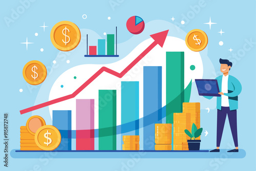 A person analyzes company earnings trends using charts, coins, and charts depicting dollar growth in a bright and engaging financial environment