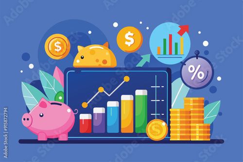 Visual representation of savings growth data, featuring piggy banks, coins, and vibrant graphs indicating financial trends and insights