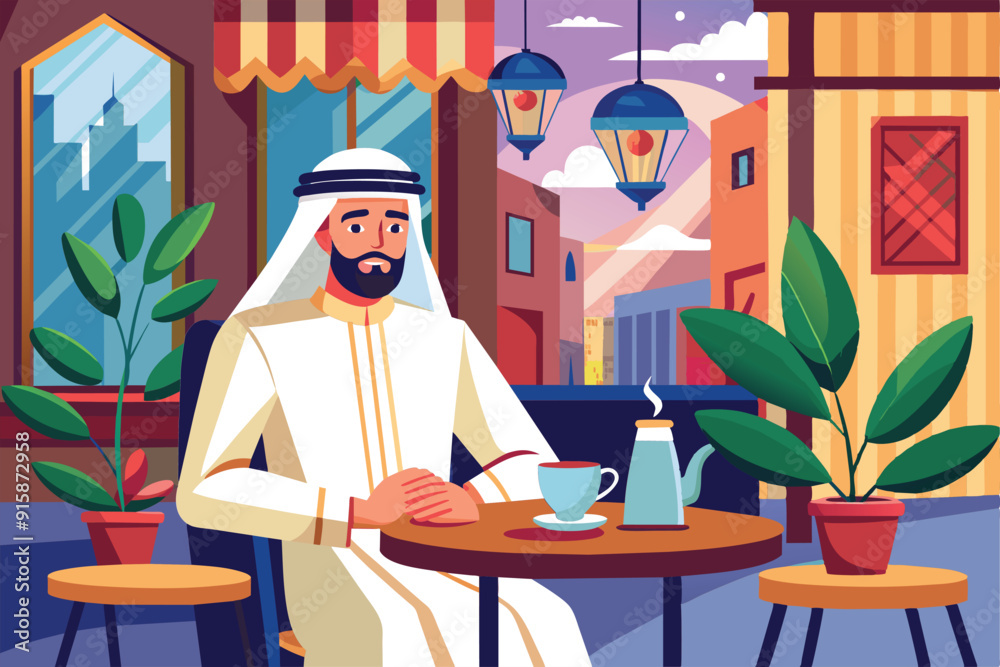 An Arab man sits at a small table in a traditional cafe, sipping tea while surrounded by plants and lanterns on a lovely evening An Arab man sits at a small table in a traditional cafe, sipping tea while surrounded by plants and lanterns on a lovely evening