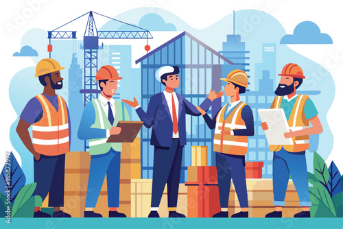 An architect consults with a diverse team of construction workers about the building's structure while planning the project at a bustling urban site