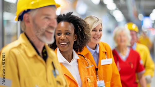 Team of Workers Smiling Together in Safety Gear at Industrial Facility