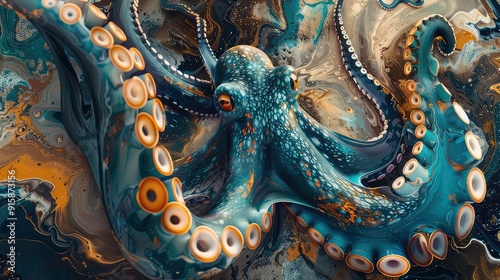 A close-up of an octopus with blue and gold skin, its tentacles curl around a swirling background of blue and gold paint.