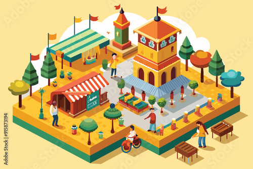 Visitors explore lively stalls and enjoy activities at a vibrant Andalusian fair, surrounded by trees and colorful decorations under a clear blue sky