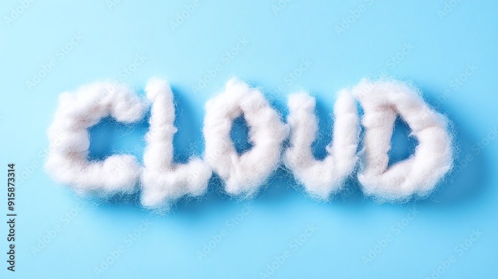 Naklejka premium Cloud Text Formed with Soft White Cotton, Minimalist Sky-Themed Design on Light Blue Background, Symbolizing Lightness and Tranquility, Ideal for Weather Branding and Airy-Themed Promotions