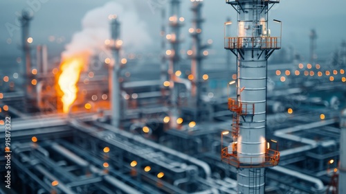 Flames Erupting From Industrial Chimneys at a Petrochemical Facility at Dusk