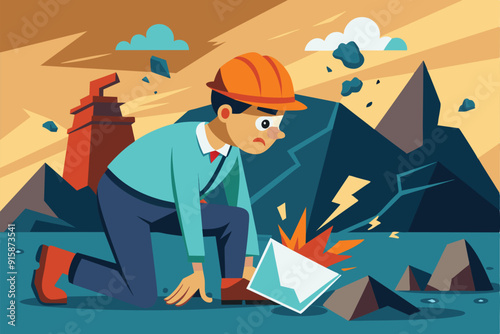 An engineer kneels to examine a fault in the ground, surrounded by jagged rocks and a dramatic sky, conveying urgency in a critical assessment