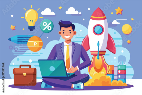 An entrepreneur learns to launch a new business while sitting cross-legged on the floor in a colorful office filled with creative elements