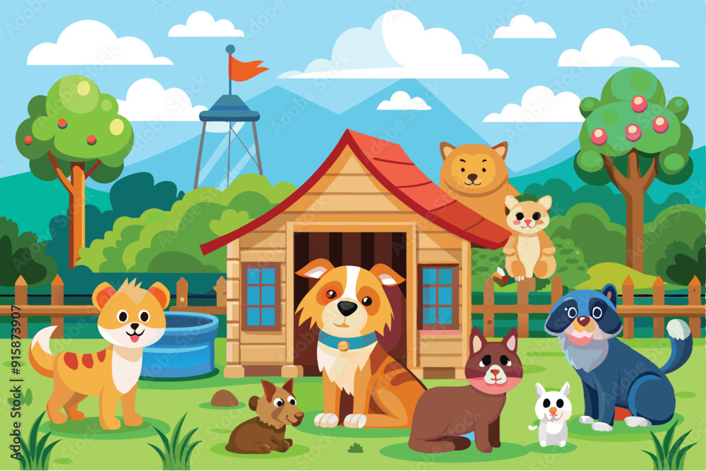 A cheerful group of pets, including dogs and cats, enjoy playing outside a colorful animal shelter in a vibrant, sunny park environment