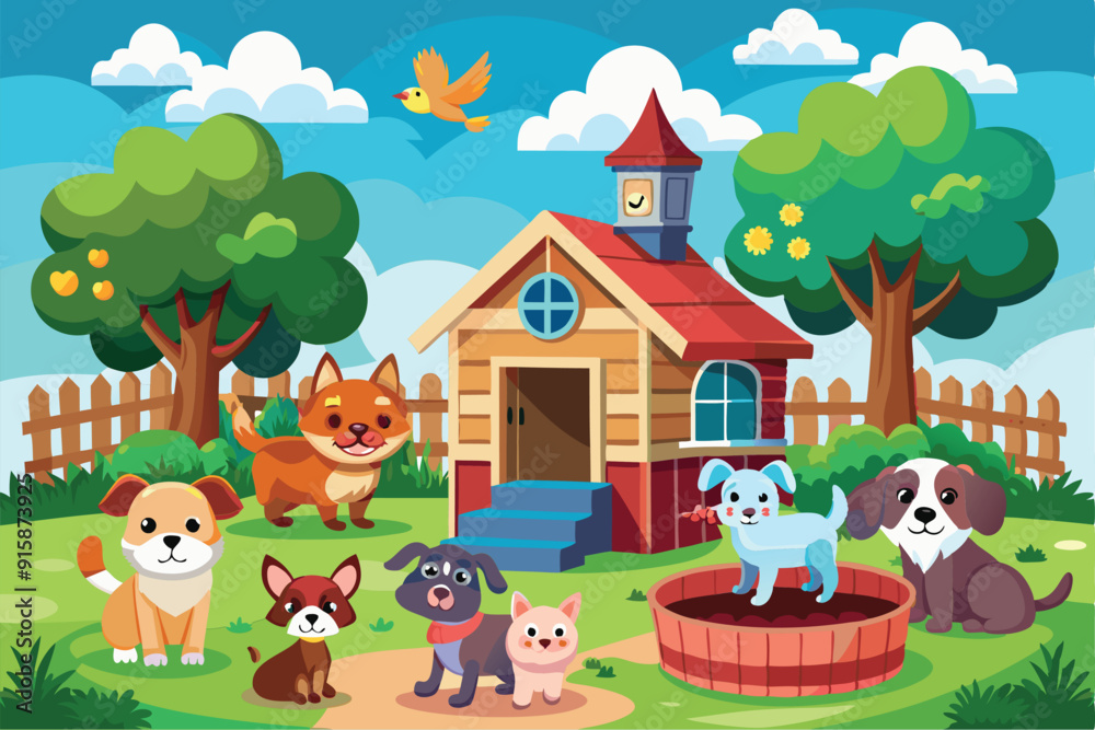 A cheerful animal shelter scene features various playful pets enjoying a sunny day in a colorful park setting, surrounded by trees and a wooden fence A cheerful animal shelter scene features various playful pets enjoying a sunny day in a colorful park setting, surrounded by trees and a wooden fence