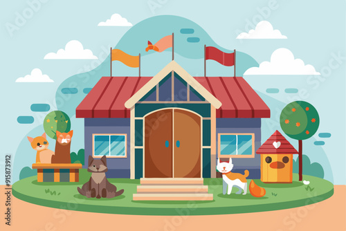A vibrant animal shelter illustration showcases adorable cats and dogs in a welcoming setting filled with playful elements and colorful flags