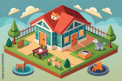A lively animal shelter showcases various dogs playing outside, a welcoming house, and green landscaping on a bright and cheerful day