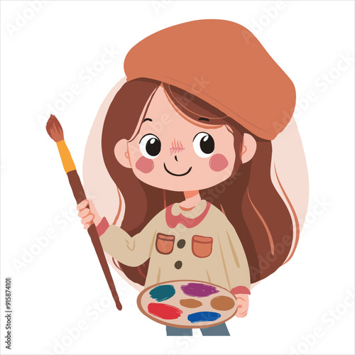Cute simple clip art of a girl with a beret and paintbrush, holding a palette, as a flat vector illustration on a white background.
