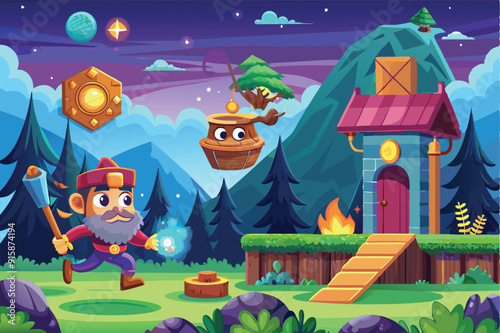 A brave character in a magical forest hurries towards an enchanted cabin, wielding a glowing orb, while strange objects float nearby