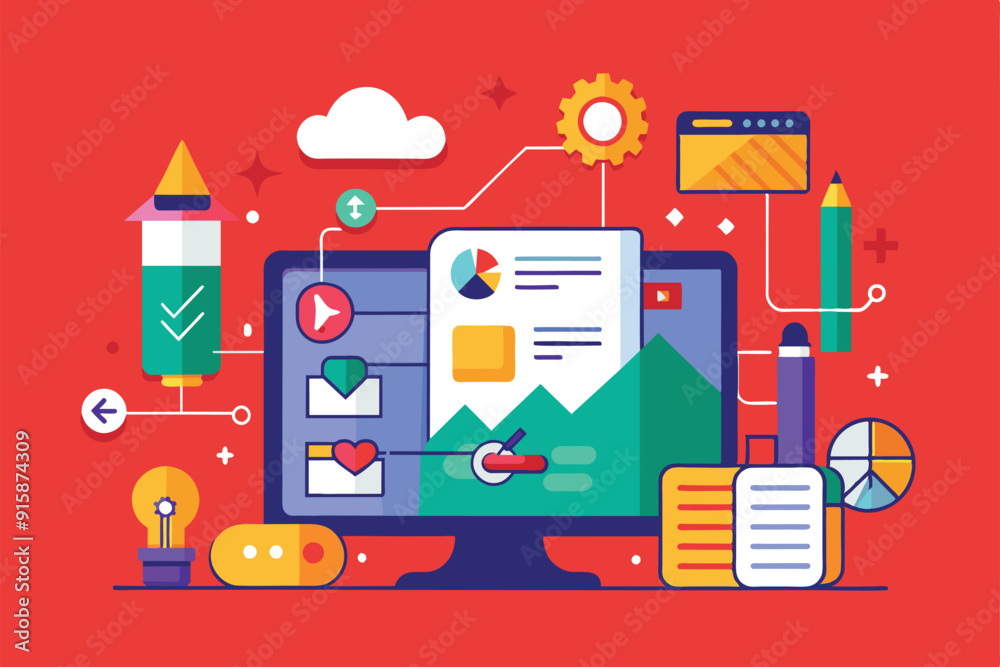 Colorful digital design concepts come together, showcasing creativity and technology with tools like graphs, charts, and email icons in an engaging workspace