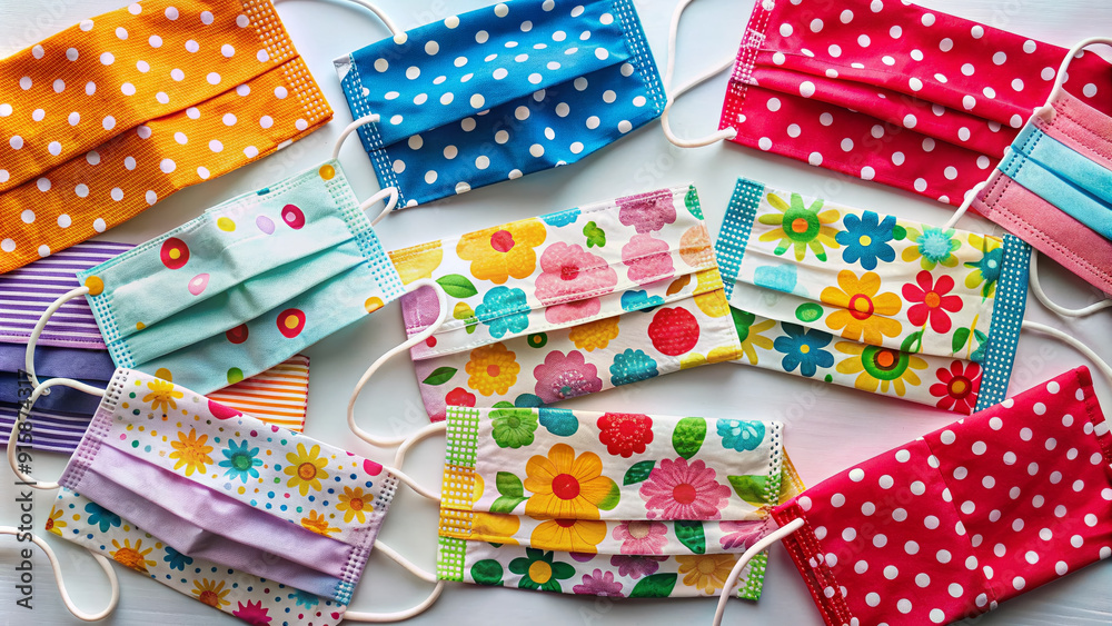 Fototapeta premium Colorful surgical masks with various cheerful patterns, including polka dots, stripes, and flowers, scattered on a white background, conveying a sense of hope and safety.