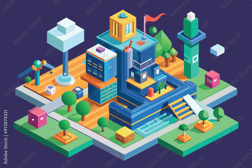 A lively urban environment showcases colorful buildings, trees, and customizable structures under a clear blue sky, inviting exploration and creativity A lively urban environment showcases colorful buildings, trees, and customizable structures under a clear blue sky, inviting exploration and creativity