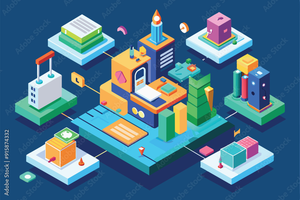This illustration showcases a colorful urban environment with diverse buildings, pathways, and greenery, highlighting customizable spaces in a vibrant design This illustration showcases a colorful urban environment with diverse buildings, pathways, and greenery, highlighting customizable spaces in a vibrant design