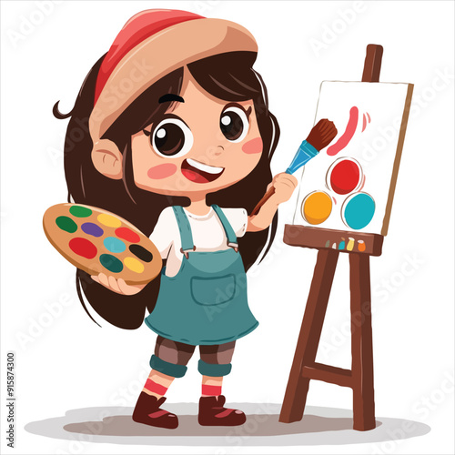 Cute simple clip art of a girl with a beret and paintbrush, holding a palette, as a flat vector illustration on a white background.