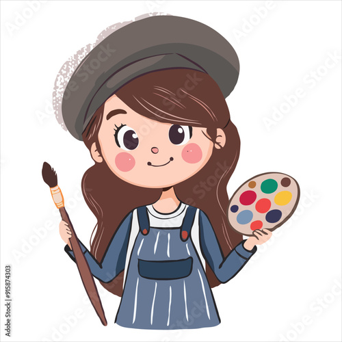 Cute simple clip art of a girl with a beret and paintbrush, holding a palette, as a flat vector illustration on a white background.
