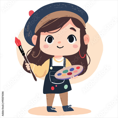 Cute simple clip art of a girl with a beret and paintbrush, holding a palette, as a flat vector illustration on a white background.