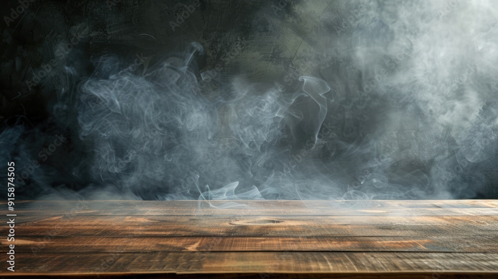 Vacant wooden table with rising smoke on dark backdrop, blank space for product display Vacant wooden table with rising smoke on dark backdrop, blank space for product display