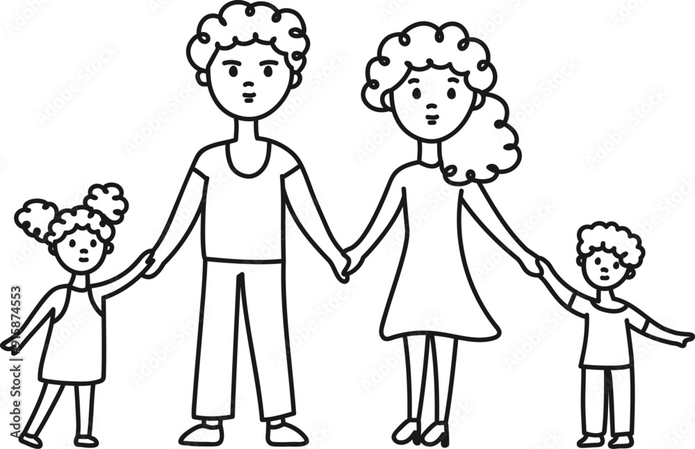 Afro American family with a son and a daughter. Happy mom, dad, daughter, son. Freehand drawing, children's line doodles. Vector illustration isolated on white. Afro American family with a son and a daughter. Happy mom, dad, daughter, son. Freehand drawing, children's line doodles. Vector illustration isolated on white.