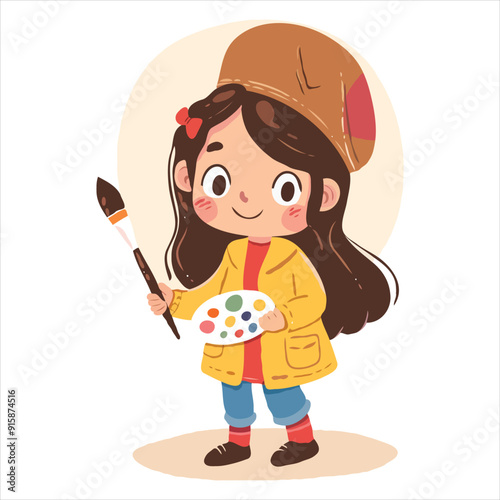 Cute simple clip art of a girl with a beret and paintbrush, holding a palette, as a flat vector illustration on a white background.
