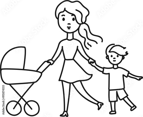 Young mother with stroller and son doodle line hand drawn. Vector illustration isolated on white
