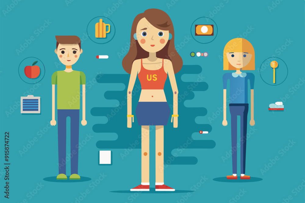 The illustration highlights the struggles of anorexia with three characters demonstrating different aspects of body image and health management The illustration highlights the struggles of anorexia with three characters demonstrating different aspects of body image and health management
