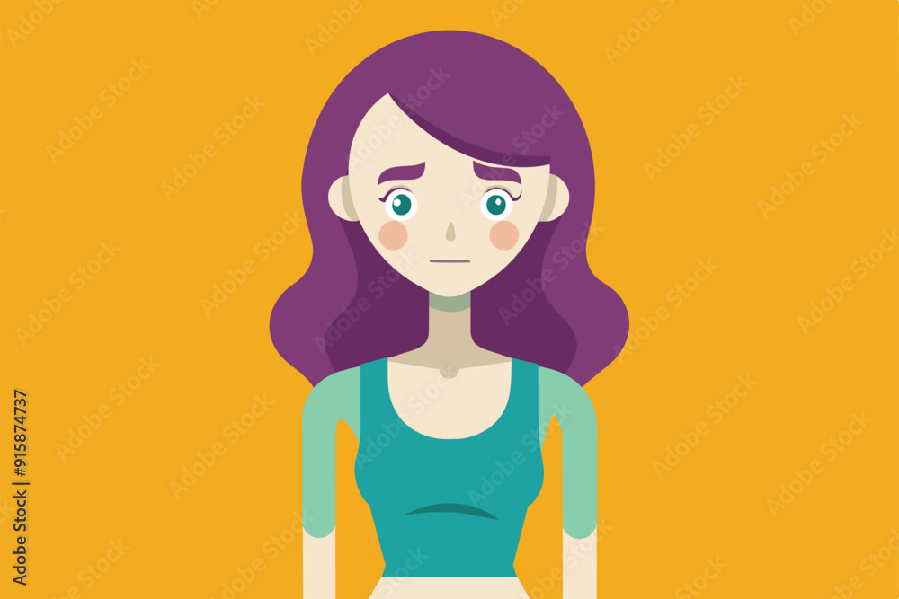 A young woman with purple hair expresses concern, representing the struggles of anorexia in a simple, flat illustration on a bright background A young woman with purple hair expresses concern, representing the struggles of anorexia in a simple, flat illustration on a bright background