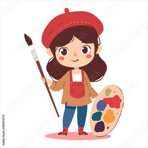Cute simple clip art of a girl with a beret and paintbrush, holding a palette, as a flat vector illustration on a white background.