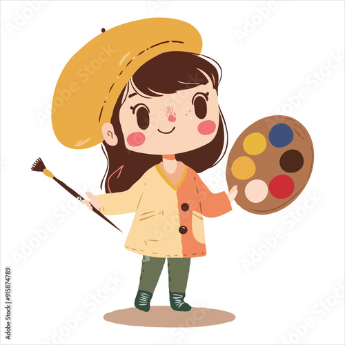 Cute simple clip art of a girl with a beret and paintbrush, holding a palette, as a flat vector illustration on a white background.