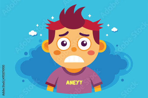 A young boy with colorful hair displays an anxious expression, surrounded by a soothing blue backdrop, reflecting feelings of unease and worry