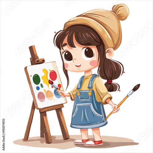 Cute simple clip art of a girl with a beret and paintbrush, holding a palette, as a flat vector illustration on a white background.