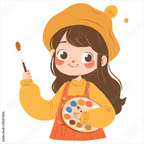 Cute simple clip art of a girl with a beret and paintbrush, holding a palette, as a flat vector illustration on a white background.
