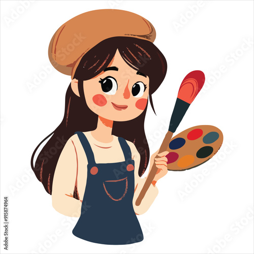 Cute simple clip art of a girl with a beret and paintbrush, holding a palette, as a flat vector illustration on a white background.