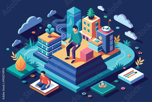 Two individuals engage in anxiety management activities, surrounded by a colorful urban landscape with greenery and serene elements promoting calmness