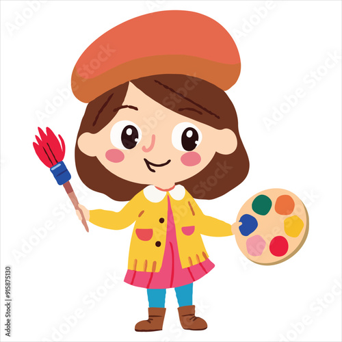 Cute simple clip art of a girl with a beret and paintbrush, holding a palette, as a flat vector illustration on a white background.