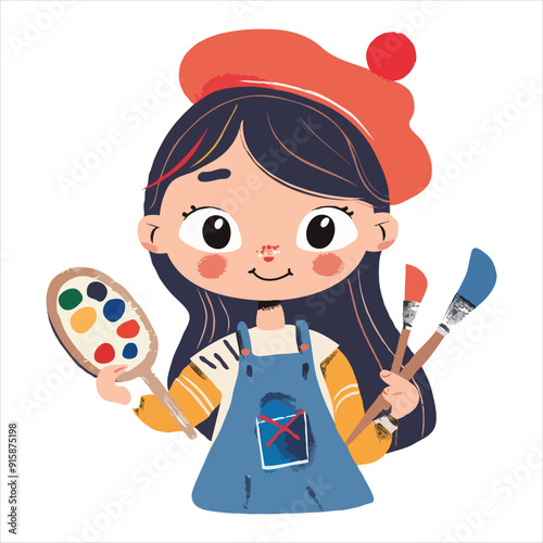 Cute simple clip art of a girl with a beret and paintbrush, holding a palette, as a flat vector illustration on a white background.