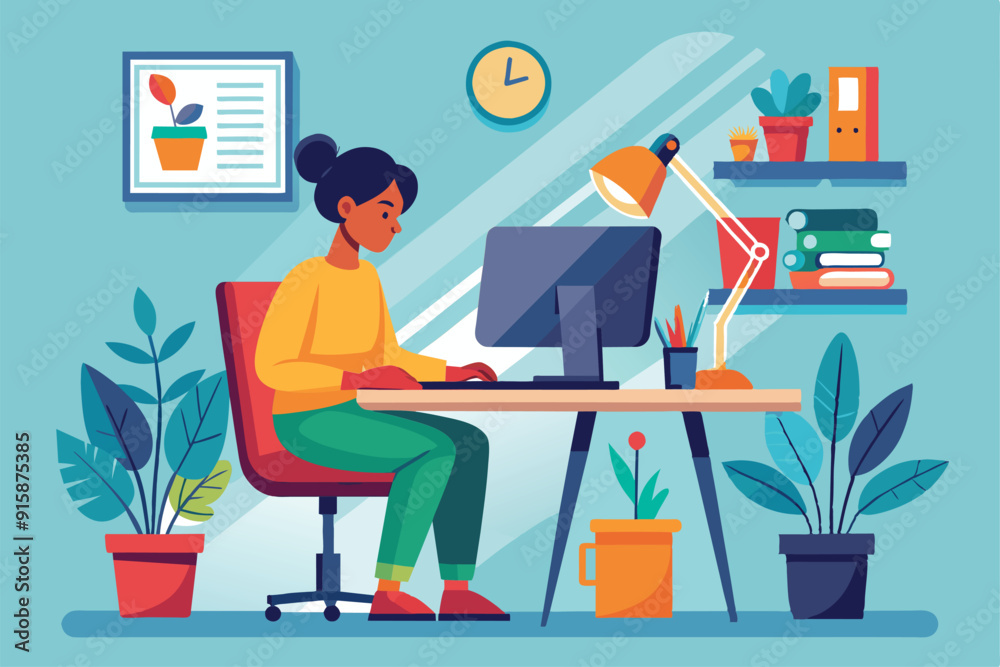 A person works diligently at a desk, typing on a computer in a vibrant workspace filled with plants and organized supplies A person works diligently at a desk, typing on a computer in a vibrant workspace filled with plants and organized supplies
